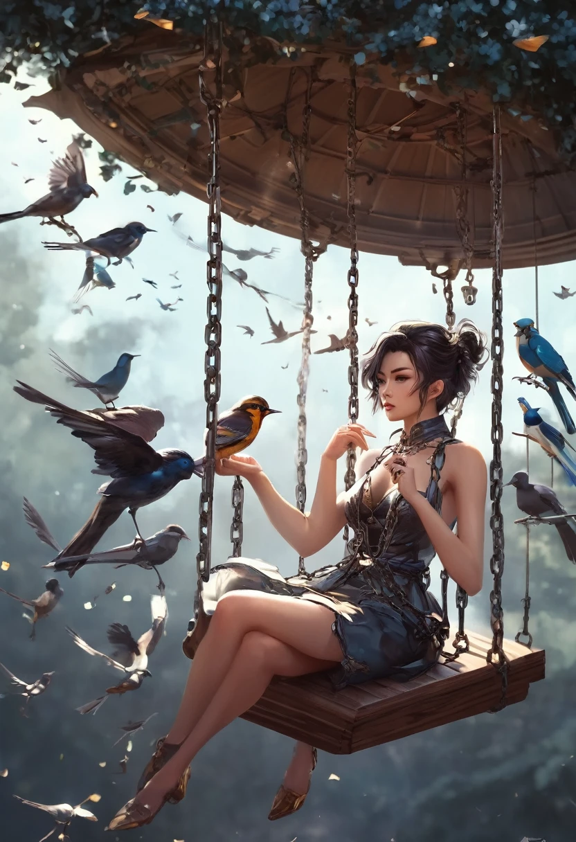 a woman sitting on a swing with chains and birds flying around, full of glass. cgsociety, wlop | artgerm, cgsociety ), stunning cgsociety, the best on cgsociety, inspired by Masamune Shirow, devianart and cgsociety, cgsociety , cgsociety masterpiece