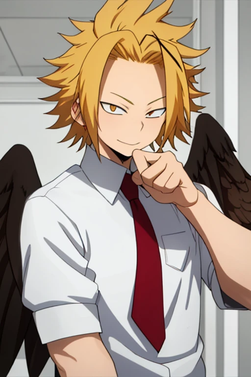 masterpiece, best quality, high quality, 1boy, solo, male focus, looking at viewer, upper body, kaminari_denki, blonde hair, multicolored_hair, falcon wings, young