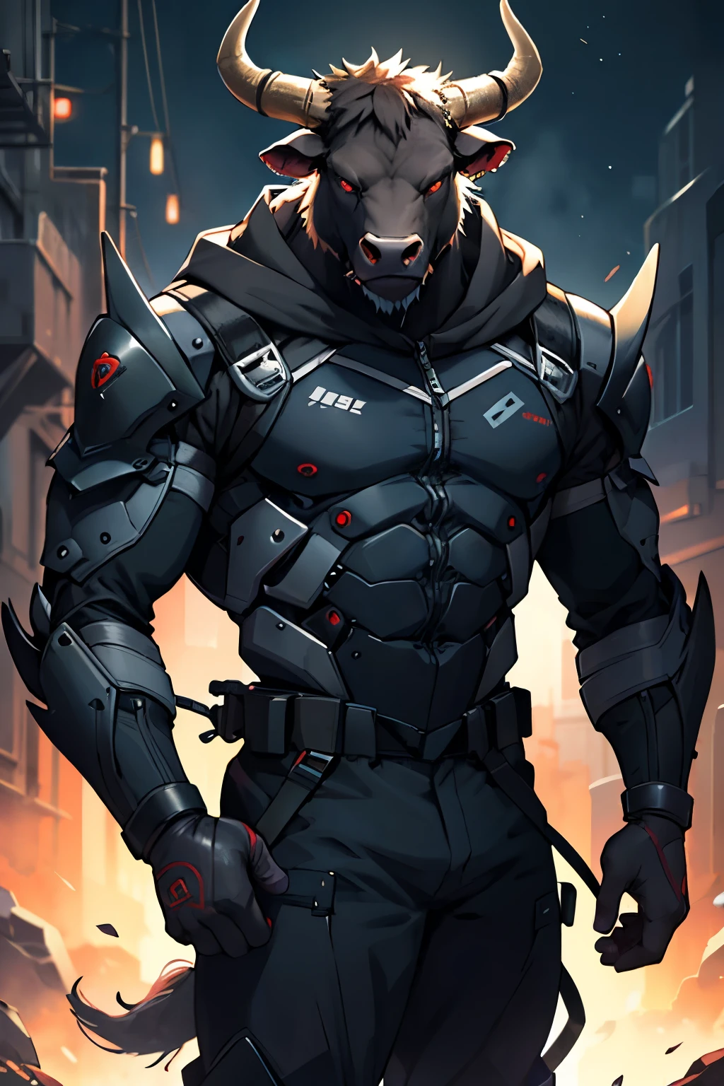 bull head, minotaur, black exoskeleton, sci-fi, technological, dark hairs, masterpice, anime, strong