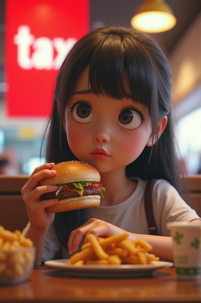 A little girl sits at a meal listening to a tight bacon egg cheeseburger