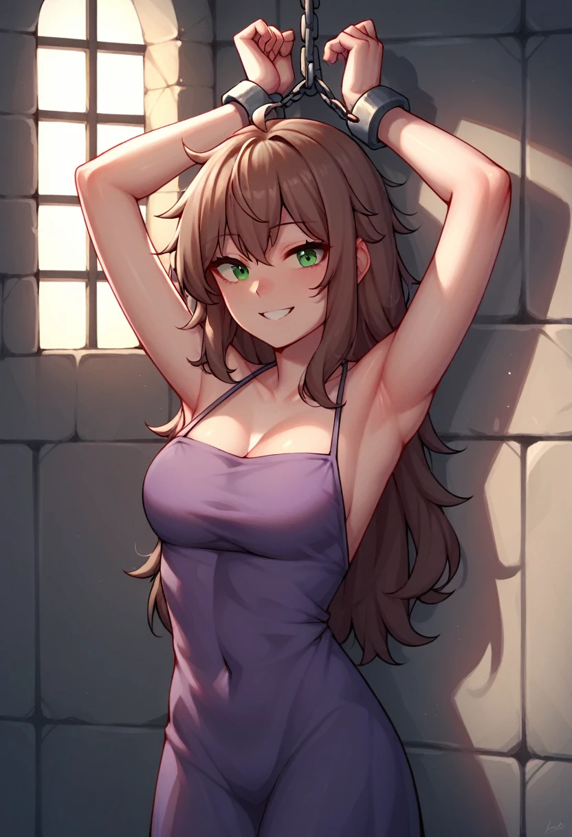 score_9, score_8_up, score_7_up, score_6_up, score_5_up, score_4_up, source_anime, 1girl,lisadef, upper body, sexy smile, brown hair, long hair, green eyes, messy hair, shackles, raised arms, purple dress, looking at the viewer, dungeon, best quality, best res, 4K UHD,
 