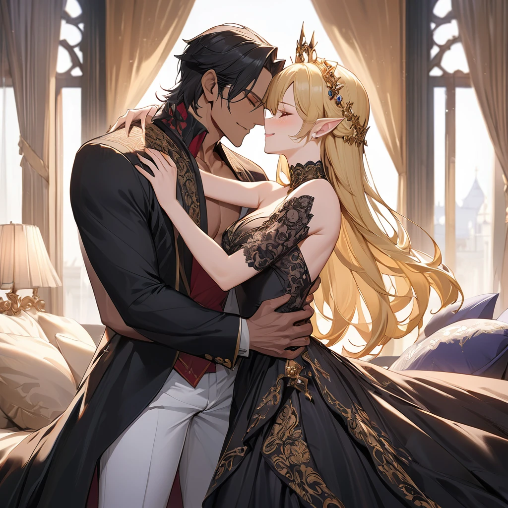 ((Highest quality)), ((masterpiece)), (detailed), (Perfect Face)、The woman is an Extia with medium-long brown hair, wearing a gorgeous black wedding dress with gold embroidery and trim, a black wedding veil, and an engagement ring.、The man is the evil leader, Naioro, a handsome man with medium-long blonde hair and a black bodysuit.、In a luxurious church belonging to an evil organization, a woman and a handsome man with medium-length blonde hair are embracing each other, happily kissing each other in a wedding ceremony.