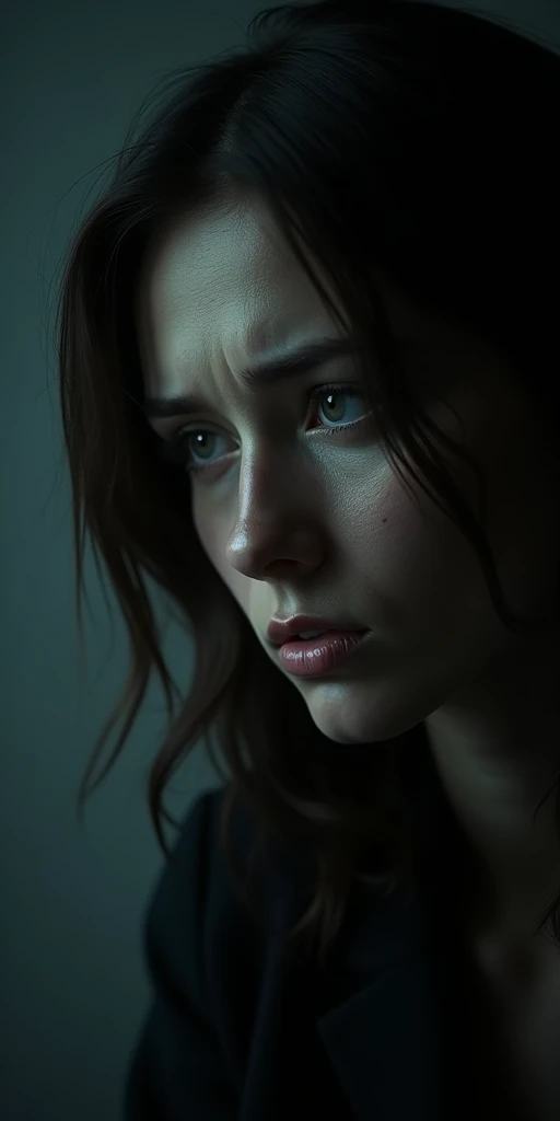imagem realista de  uma mulher blusa cinza chorando e gritando, dirty and sweaty looking through a broken window, e do lado de fora nevoa escura apocaliptica, a lot of fog and terror.