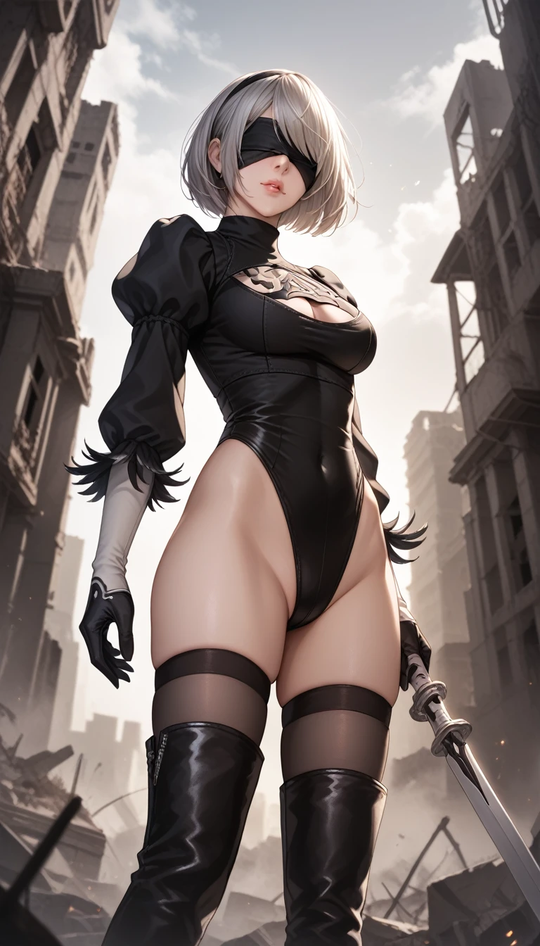 score_9, score_8_up, score_7_up, 32k,masterpiece, highest quality, 
photo realistic, super detail, vibrant colors, chiaroscuro lighting, cinematic lighting,
1 woman, inspired nier automata 2B,
bob cut, gray hair, bangs, mole under mouth, blindfold,
2B leotard, cleavage cutout, skirt, thighhighs under boots,
ruins, a ruined world, devastated cities, dark cloudy sky,
seductive pose, dramatic angle,