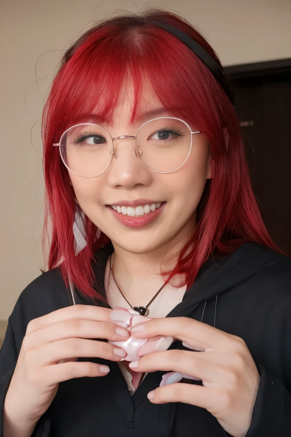 lilypichu, raw photograph, red hair, sucking black penis while smiling