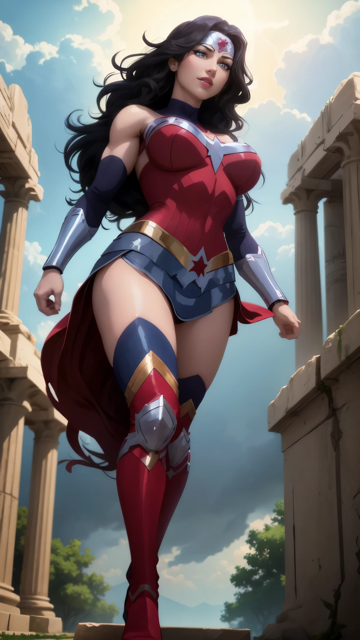 wonder woman da DC,(best qualityer,4K,8k,high resolution,work of art:1.2)(weather: cloudy), greek temple background, temple ruins, long curly hair, black hair, red short bodycon dress, blue micro shorts, thigh high boots, diadem, bracelets, combat pose, ultra detailed,portrait,realistic,beautiful detailed blue eyes, beautiful detailed lips,extremely detailed eye and face, long eyelashes,average,large breasts,flying hair,beaming smile, cute smile,powerful girl, bright coloured, dramatic lighting,