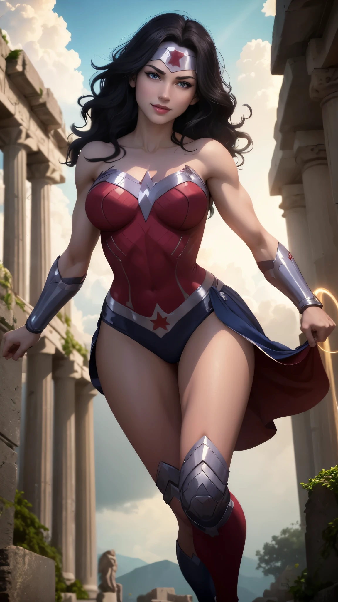 wonder woman da DC,(best qualityer,4K,8k,high resolution,work of art:1.2)(weather: cloudy), greek temple background, temple ruins, long curly hair, black hair, red short bodycon dress, blue micro shorts, thigh high boots, diadem, bracelets, combat pose, ultra detailed,portrait,realistic,beautiful detailed blue eyes, beautiful detailed lips,extremely detailed eye and face, long eyelashes,average,large breasts,flying hair,beaming smile, cute smile,powerful girl, bright coloured, dramatic lighting,