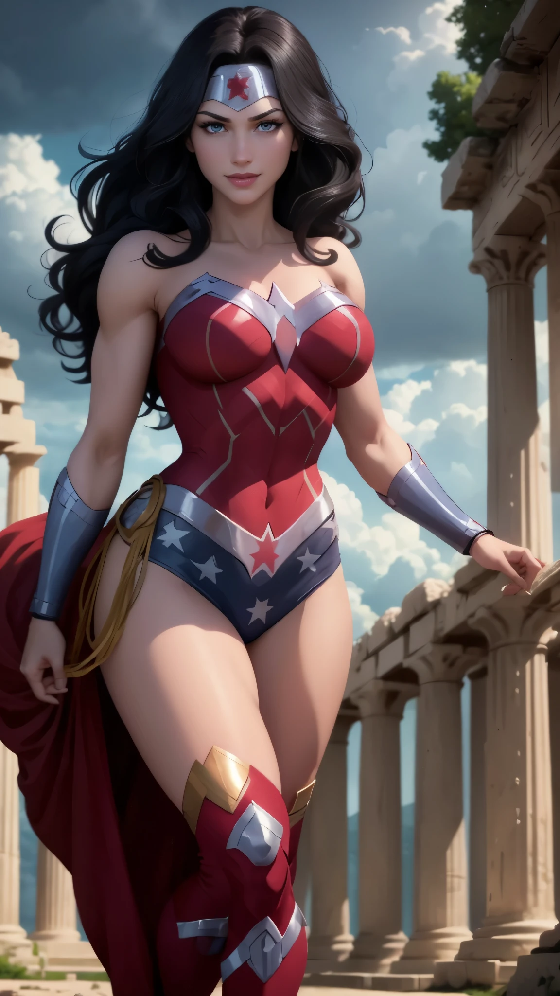 wonder woman da DC,(best qualityer,4K,8k,high resolution,work of art:1.2)(weather: cloudy), greek temple background, temple ruins, long curly hair, black hair, red short bodycon dress, blue micro shorts, thigh high boots, diadem, bracelets, combat pose, ultra detailed,portrait,realistic,beautiful detailed blue eyes, beautiful detailed lips,extremely detailed eye and face, long eyelashes,average,large breasts,flying hair,beaming smile, cute smile,powerful girl, bright coloured, dramatic lighting,