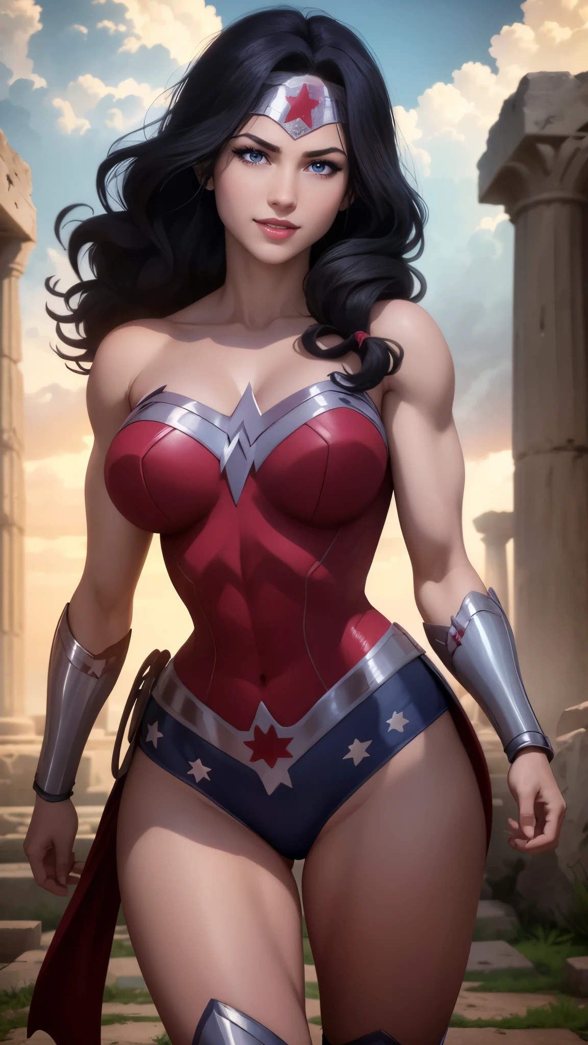 wonder woman da DC,(best qualityer,4K,8k,high resolution,work of art:1.2)(weather: cloudy), greek temple background, temple ruins, long curly hair, black hair, red short bodycon dress, blue micro shorts, thigh high boots, diadem, bracelets, combat pose, ultra detailed,portrait,realistic,beautiful detailed blue eyes, beautiful detailed lips,extremely detailed eye and face, long eyelashes,average,large breasts,flying hair,beaming smile, cute smile,powerful girl, bright coloured, dramatic lighting,