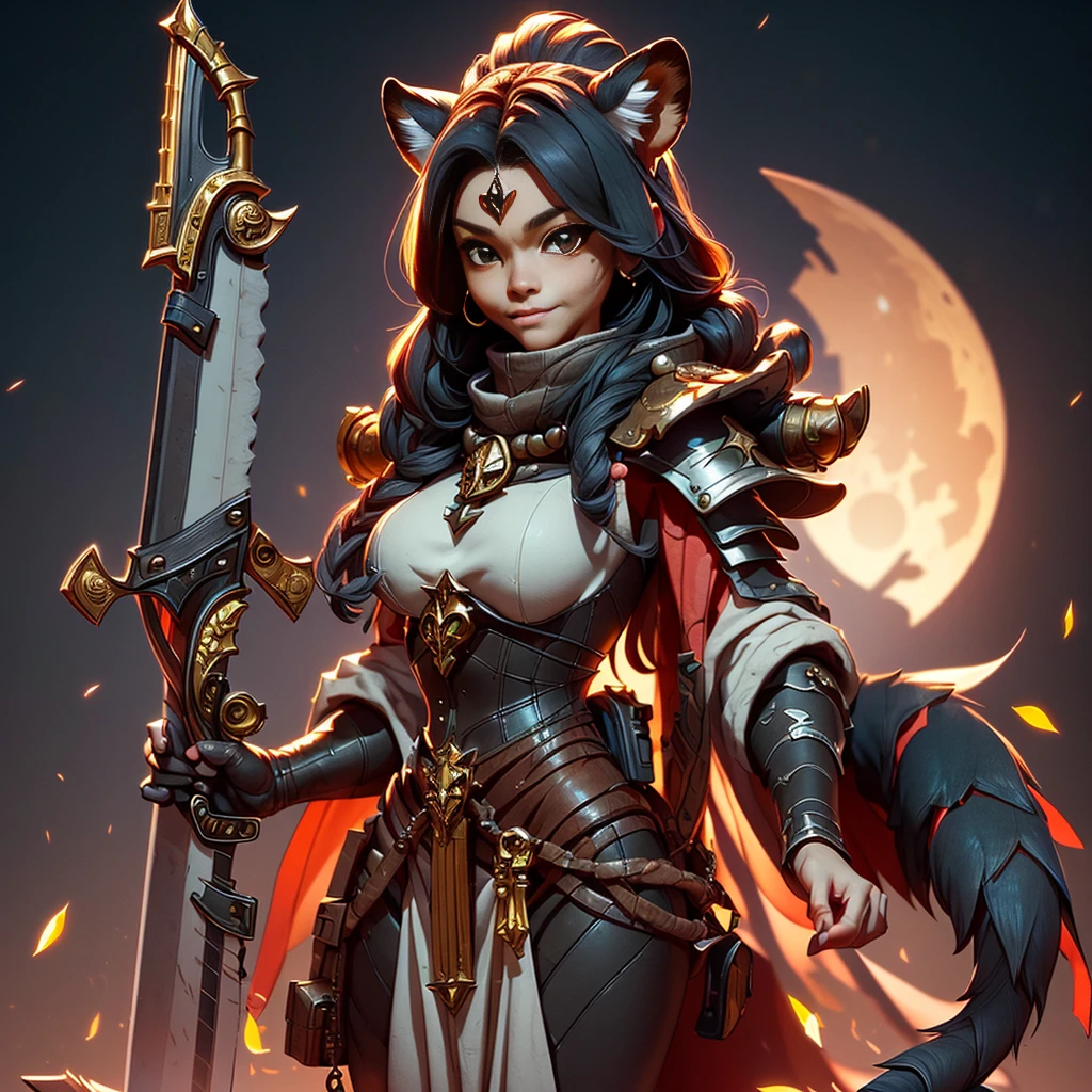 Wide-angle panorama，(Beautiful woman face:1.5), (Cute image standing all over the body:1.5), (raccoon-like furry body and raccoon’s paws:1.5), (Holding a heavy sword in her hand:1.2), (A plump chest), ( anime styled 3d:1.5), Metal armor skirt, Metal armor underwear, (Hairy limbs:1.45), (Very long, Fluffy raccoon tail:1.45), (Extremely detailed CG Unity 16k wallpaper:1.3), Dynamic Angle, the golden ratio, (tmasterpiece:1.37), (Detailed:1.15), Cinematic light, Side lighting, hdr, Perfect iris, (applause), Lifelike texture, （realisticlying：1.37）, (ssmile:1.1), Ray tracing, hyper HD, (Best quality:1.13) full body, diorama、symple background、full moon, holding sword high, masterpiece, Best Quality, Capture super cute moments, depth of fields, A female raccoon in medieval armor from the 1200s, custom armor, holding sword, night, medieval castle, stone floor, sword held up, very detailed, masterpiece, ultra resolution, perfect quality