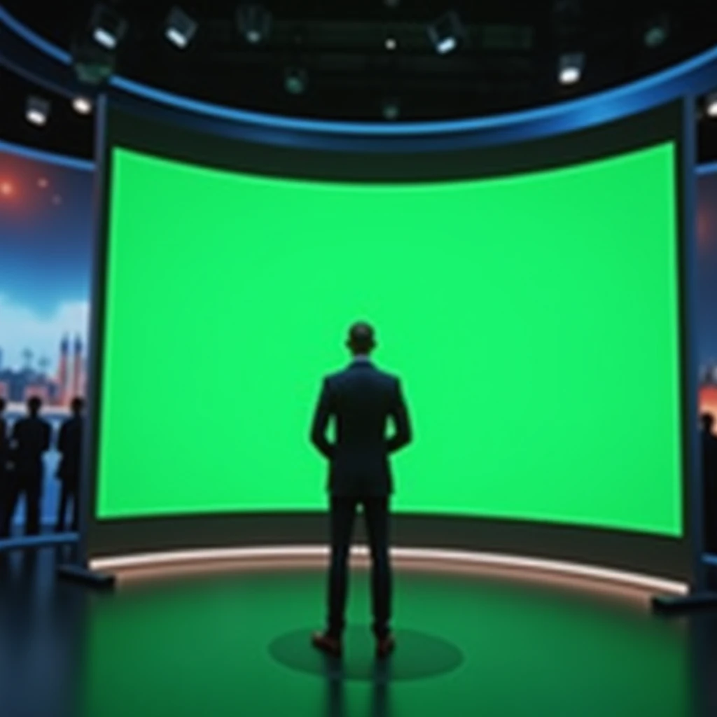 Allafard TV Studio,A man in a suit stands in front of a big screen, virtual set, corporate holograms, tv studio, live2d virtual youtuber model, TV screen in background, large cyberarrays data holograms, studio context, news broadcast, Solid Backgroud, data holograms, Large array of data holograms, foreground background