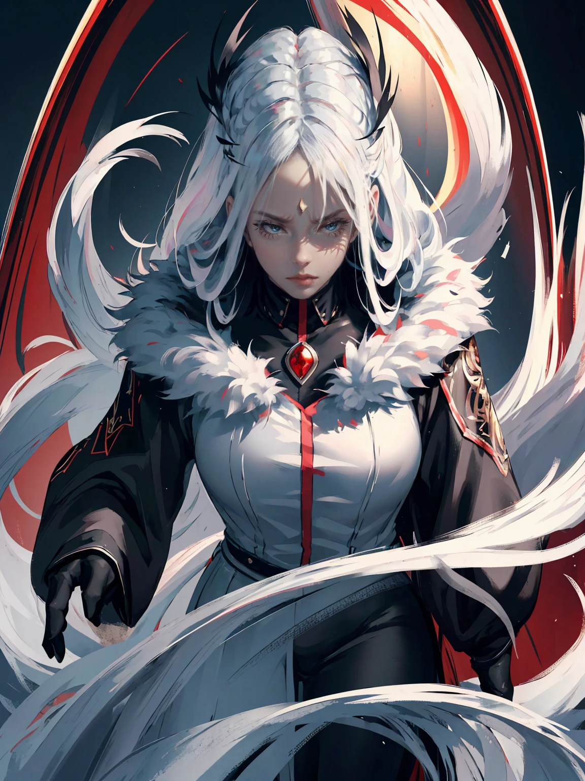 She is a rabbit beastman、white and beautiful skin、Red eyes、Flashy clothes、