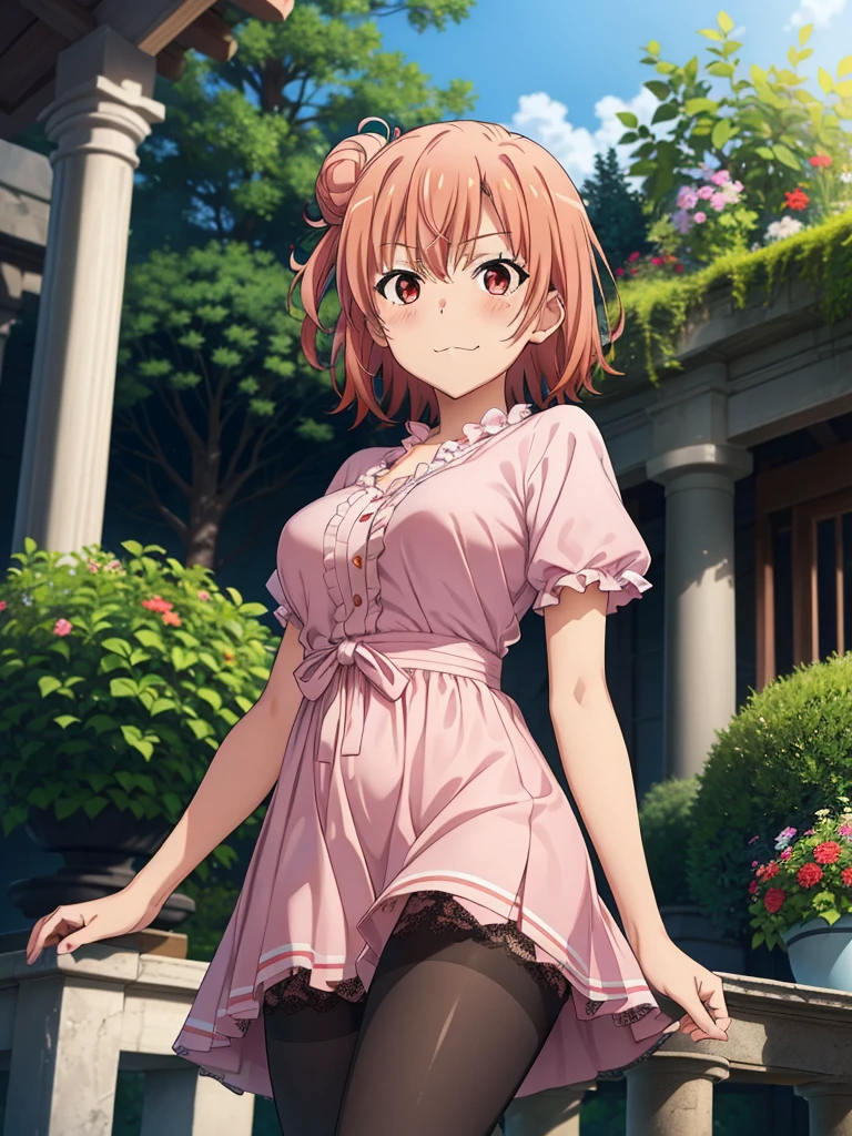 ((masutepiece, Best Quality, hight resolution, nffsw, Perfect Pixel, depth of fields, 4K, )), 1girl in, Solo, , Beautiful anime girl, Beautiful Art Style, 
very low view angle:1.3, view from below:1.5, standing:1.3, garden,
Perfect body, smile face:1.5 shot from below:1.4, finger on lips:1.5, black pantyhose, white short dress:1.3,
Yuigahama Yui, Hair bun, short hair, medium breasts,
Full face blush, red face, 
straight on:1.3, medium shot