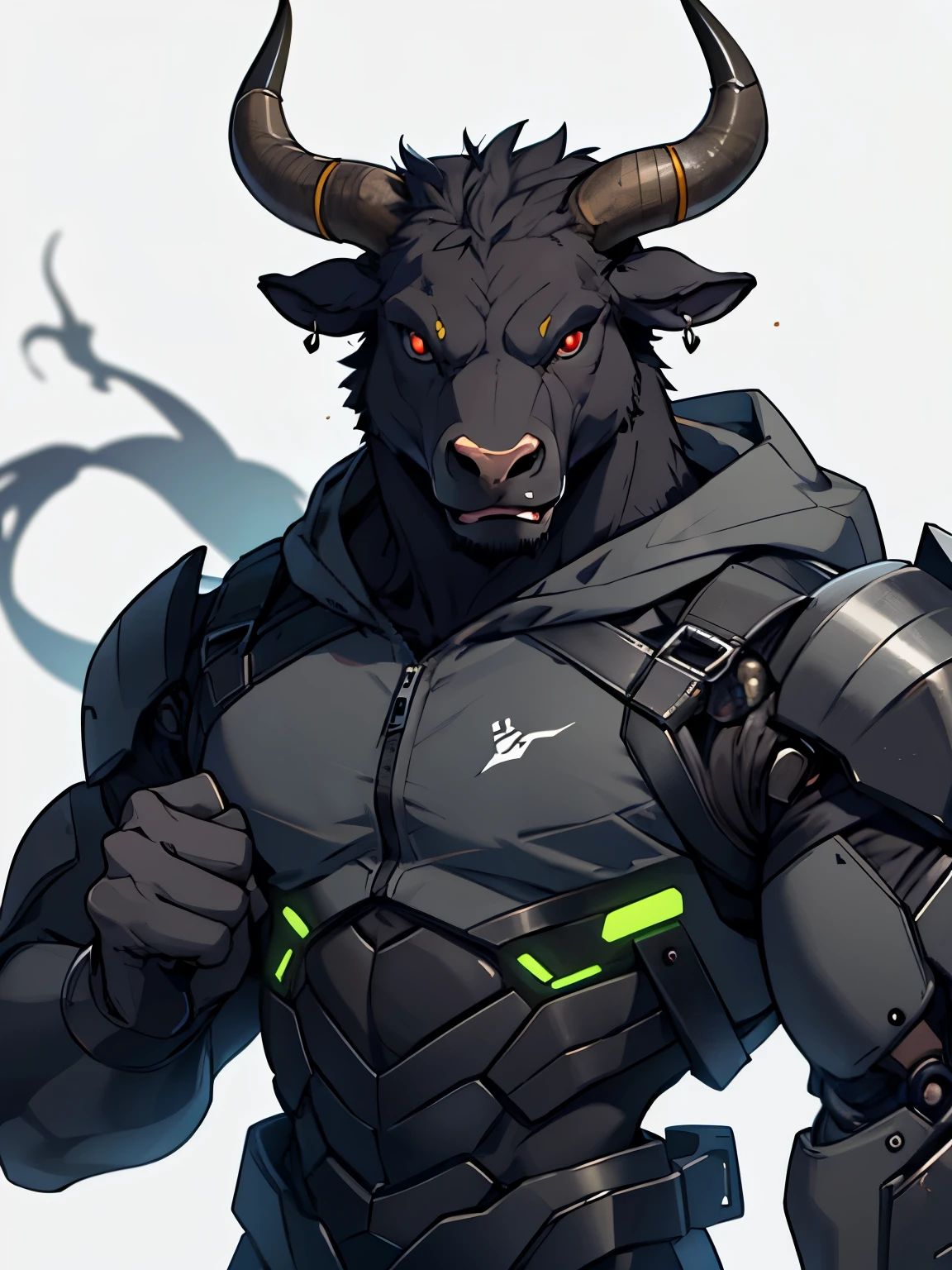 bull head, minotaur, black exoskeleton, sci-fi, technological, dark hairs, masterpice, anime, strong, perfect eyes