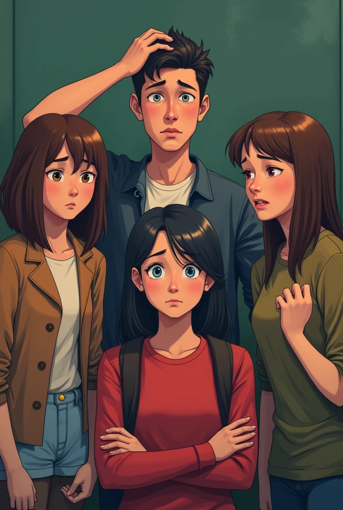 4 teen girls and 1 teenage boy , bullying the boy, 1 teen girl is gossiping on the side