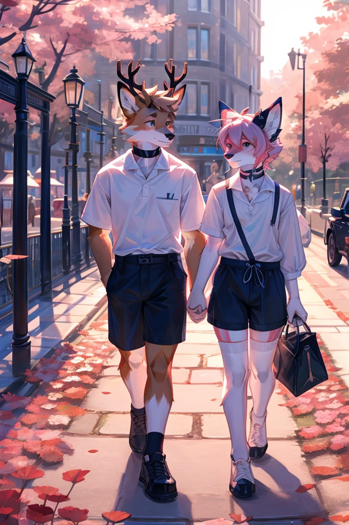 Image of two people、Erect penis、Femboy、鹿とfoxの二人.、Choker、shirt、Shorts、Pink and white striped long stockings、二人のFemboy、Deer horn、Fluffy fur、fox、Couple。A walk for two in a London park、noon、daily