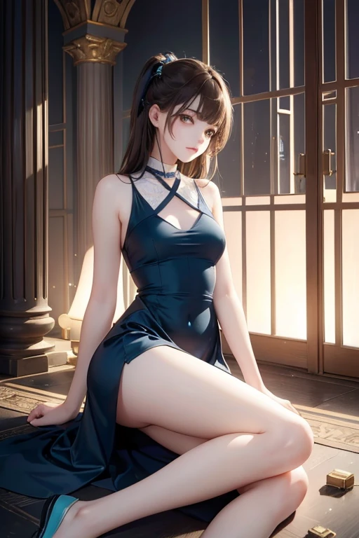 (best quality 4k highres masterpiece:1.2),ultra-realistic,white silk dress,bare legs,elegant pose,delicate facial features,soft lighting,pastel colors,ambient atmosphere