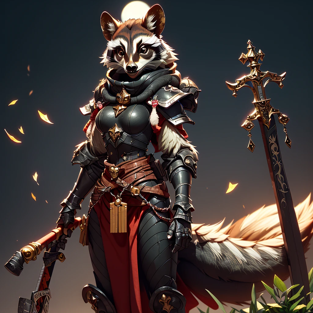 Wide-angle panorama, (Cute image standing all over the body:1.5), (raccoon-like furry body and raccoon’s paws:1.5), (Holding a heavy sword in her hand:1.2), (A plump chest), ( anime styled 3d:1.5), Metal armor skirt, Metal armor underwear, (Hairy limbs:1.45), (Very long, Fluffy raccoon tail:1.45), (Extremely detailed CG Unity 16k wallpaper:1.3), Dynamic Angle, the golden ratio, (tmasterpiece:1.37), (Detailed:1.15), Cinematic light, Side lighting, hdr, Perfect iris, (applause), Lifelike texture, （realisticlying：1.37）, (ssmile:1.1), Ray tracing, hyper HD, (Best quality:1.13) full body, diorama、symple background、full moon, holding sword high, masterpiece, Best Quality, Capture super cute moments, depth of fields, A female raccoon in medieval armor from the 1200s, custom armor, holding sword, night, medieval castle, stone floor, sword held up, very detailed, masterpiece, ultra resolution, perfect quality