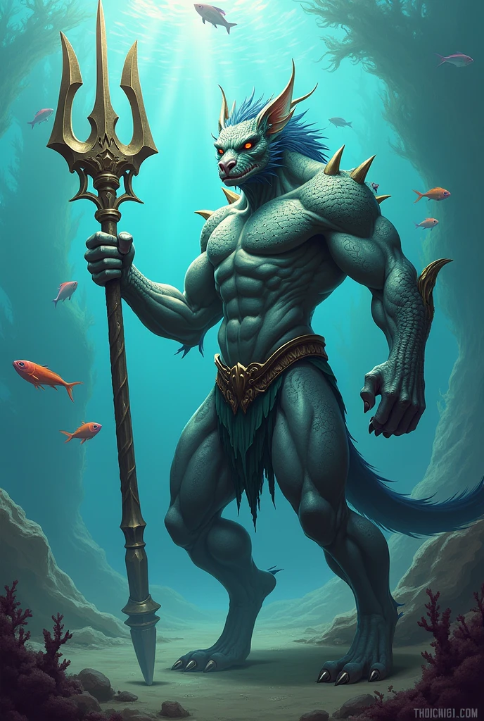 I need a muscular fish with a fish face (masculine) with a trident in his hand and an anchor at his feet