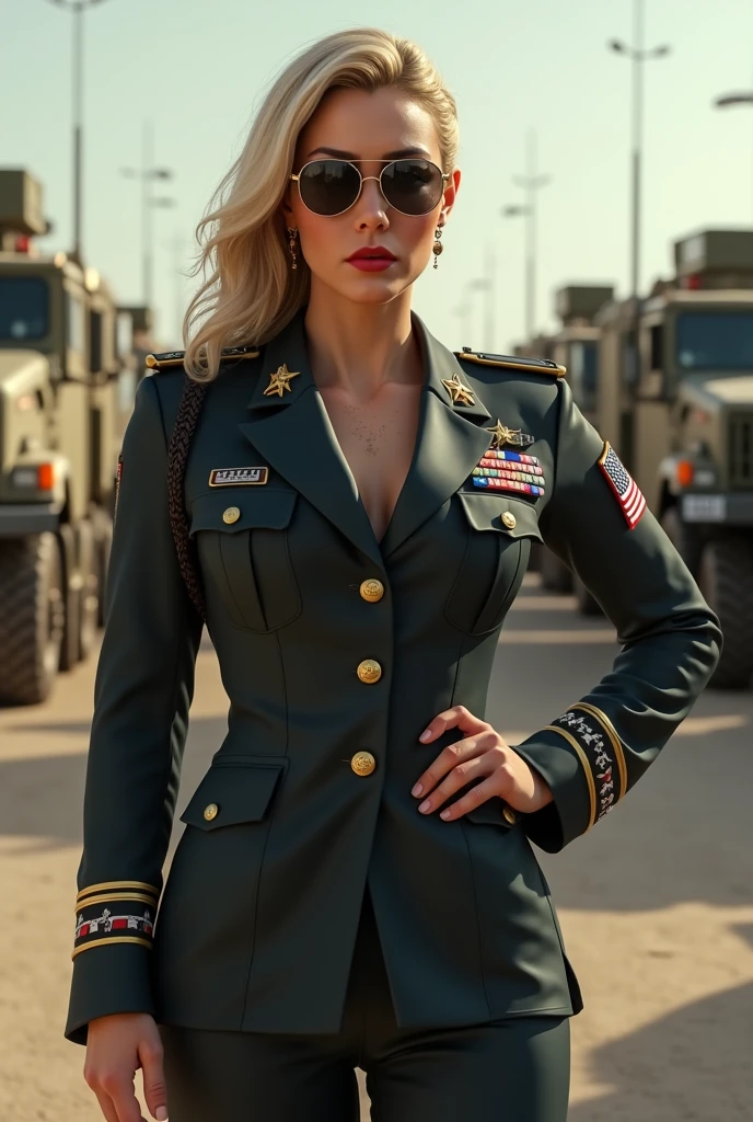 brookdeck, photo of a woman, ((blonde hair)), ((army uniform, camouflage shirt, military gear)),((outdoors, at night, fire, explosions)), smiling, (lipstick, blush, eye shadow), ((best quality, masterpiece, extreme details, high resolution):1.2),((detailed eyes, beautiful eyes, detailed face, beautiful face):1.2) (epic)