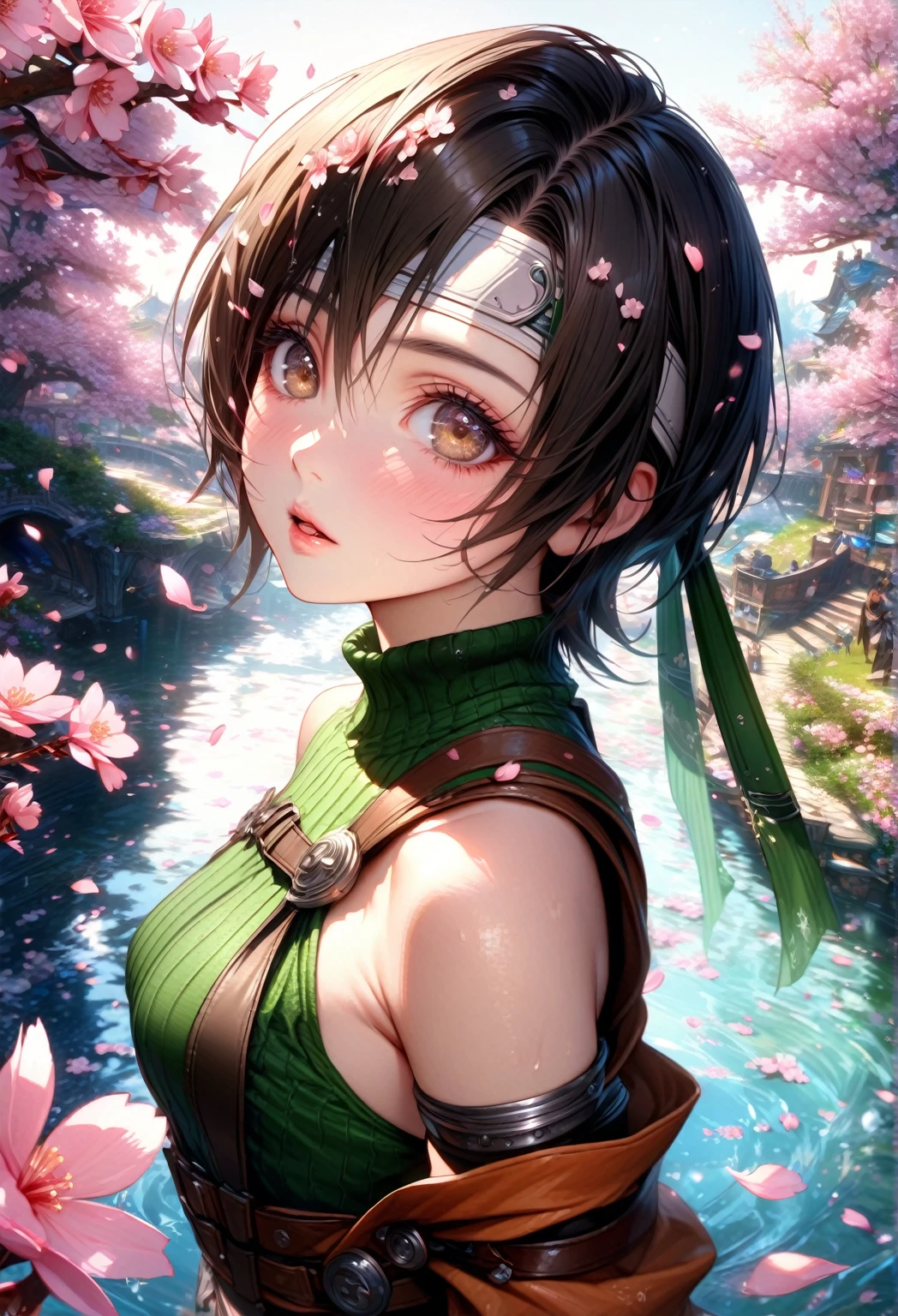 absurdres, highres, ultra detailed, HDR, master piece, Kisaragi Yuffie, black hair, short hair, white headband, expressive brown eyes, green shirt, sexy woman, best quality, Final Fantasy VII, solo, fantasy, magical, sensual, glittering, accessories, water, pink flowers, petals, cherry blossoms, extremely beautiful, realistic face