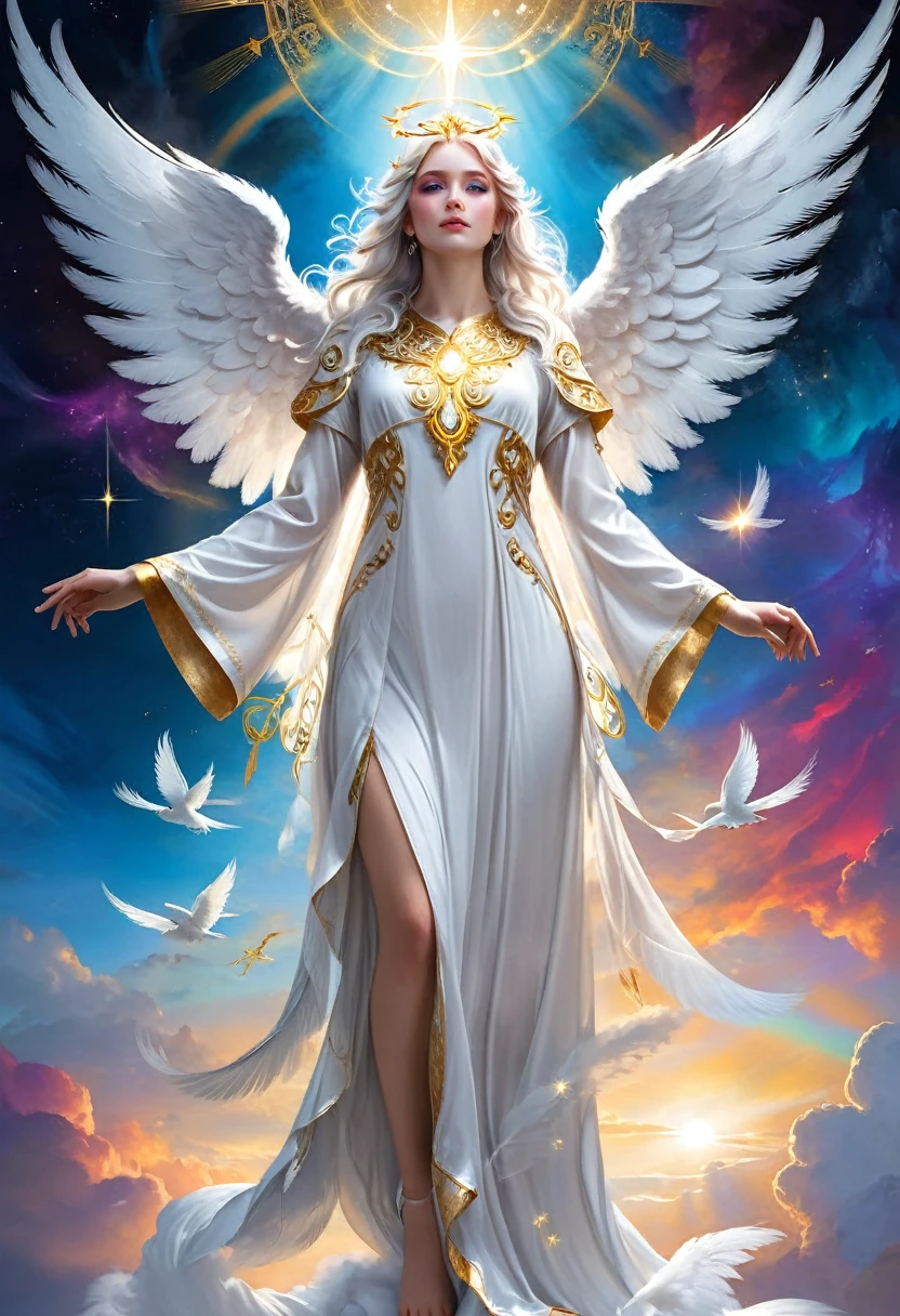 Heavenly, surreal scene with a female angel in the center rising into the sky. The woman's face is beautiful and detailed, long white hair, vividly colored heavenly eyes, vivid colors, white and gold robe with silver ornaments invade her body.  Very long white wings envelop her. Image hd, full image.