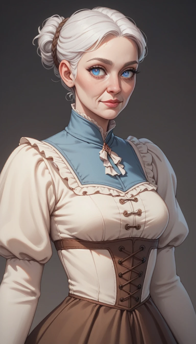 waist-length portrait, Best quality, masterpiece, contrasting light, best light and shadows, rich colors of the image, 2D illustration, empty background, front view, light-colored clothing in medieval fantasy style, female character, elderly character, slim and tall physique, pale skin, blue eyes, short white hair, gentle expression, small nose, high cheekbones, almond-shaped eyes, small ears.