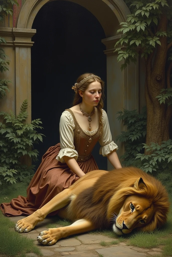 there is a woman sitting on a bed with a sleeping lion, inspired by Cynthia Sheppard, by Cynthia Sheppard, by Yang J, in the art style of bowater, by Li Song, by Ni Tian, inspired by Yoann Lossel, loish and wlop, artwork in the style of guweiz, realistic fantasy painting, inspired in donato giancola