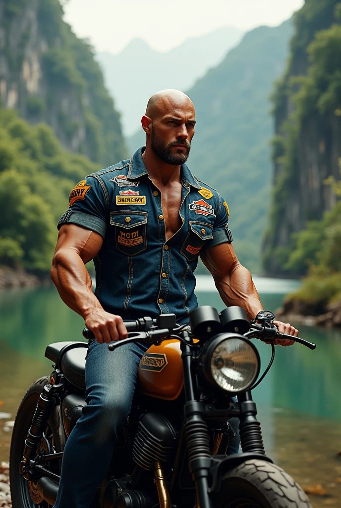 HD quality, high definition,male 18 years old handsome, muscular and slim, red lips, leaning against a motorcycle ????? ((exposed Vagina)),  model with bracelets, earrings and Necklace, wearing head band and sunglasses, sweats a lot, wet body, ((exposed ??????)), hands are tied up with chain, only ????? side view
