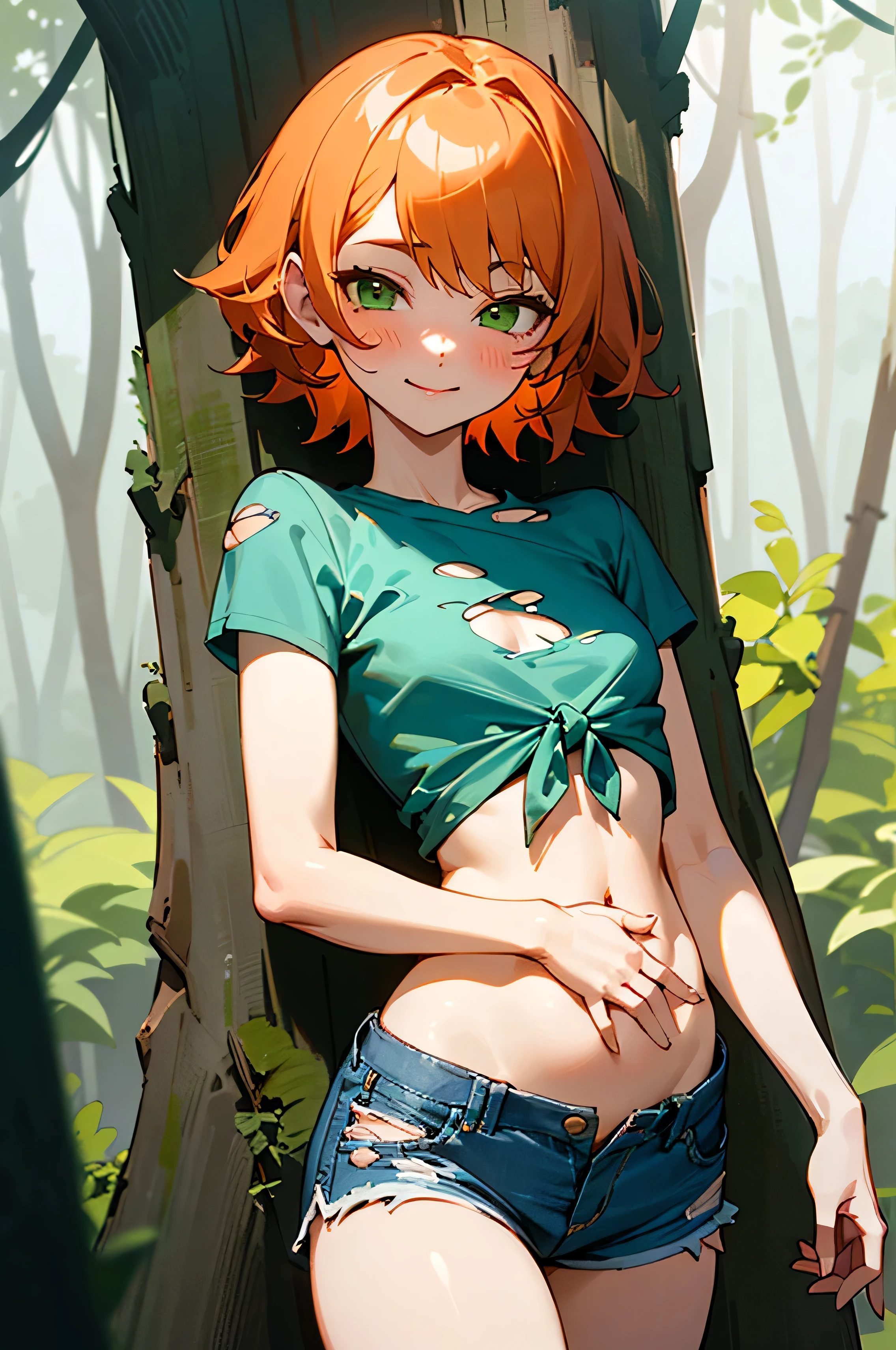 (Masterpiece), Best Quality, ultra-detailed, 1girl (Gwendolyn_Tennyson, breasts, orange hair, short hair, green eyes, half-closed eyes), a face in love,  smile, parted lips, nose blush, blush  , looking at viewer, solo, white under-boobs  , navel, purple skirt, ultra mini skirt, 
skirt lift , white thighhighs, white panty, forest,  standing,  Sexy waist teasing,skirt lift,  from_below 