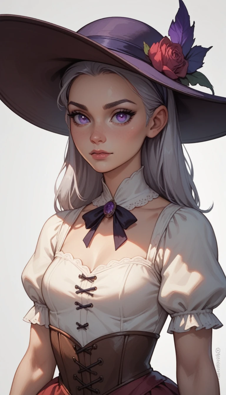 waist-length portrait, Best quality, masterpiece, contrasting light, best light and shadows, rich colors of the image, 2D illustration, empty background, front view, light-colored clothing in medieval fantasy style, female character, young character, slender and graceful physique, fair skin, violet eyes, silver hair, soft expression, shoulder-length straight hair, petite nose, delicate jawline, wide almond-shaped eyes, small ears.