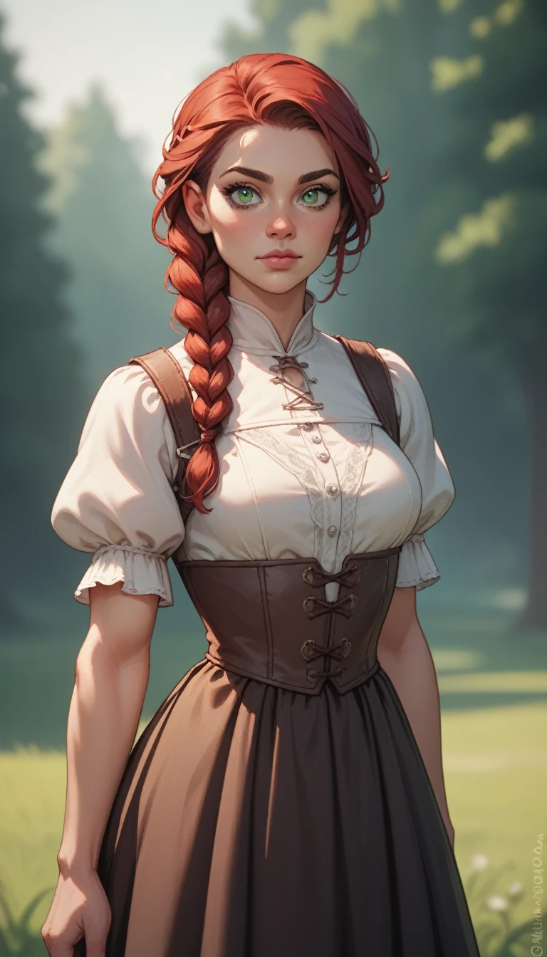 waist-length portrait, Best quality, masterpiece, contrasting light, best light and shadows, rich colors of the image, 2D illustration, empty background, front view, light-colored clothing in medieval fantasy style, female character, young character, athletic and fit physique, fair skin, green eyes, dark red hair, confident expression, braided hair, small nose, rounded cheeks, almond-shaped eyes, medium ears.