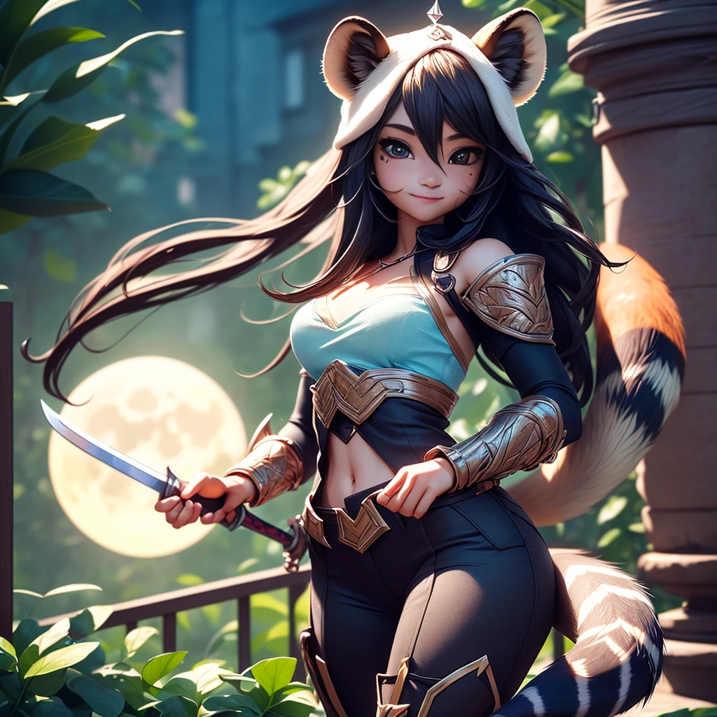 Wide-angle panorama, (Cute image standing all over the body:1.5), (raccoon-like furry body and raccoon’s paws:1.5), (A plump chest), ( anime styled 3d:1.5), Metal armor skirt, Metal armor underwear, (Hairy limbs:1.45), (Very long, Fluffy raccoon tail:1.45), (Extremely detailed CG Unity 16k wallpaper:1.3), Dynamic Angle, the golden ratio, (tmasterpiece:1.37), (Detailed:1.15), Cinematic light, Side lighting, hdr, Perfect iris, (applause), Lifelike texture, （realisticlying：1.37）, (ssmile:1.1), Ray tracing, hyper HD, (Best quality:1.13) full body, diorama、battle ground background、full moon, masterpiece, Best Quality, Capture super cute moments, depth of fields, A female raccoon in medieval armor from the 1200s, custom armor, holding sword, night, medieval castle, stone floor, sword held up, very detailed, masterpiece, ultra resolution, perfect quality