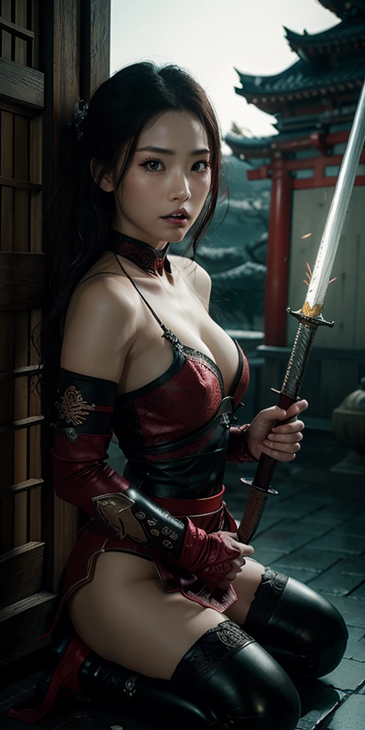 Highest quality,Ultra HD,Best AI Images, Full body photo,Rendering beautiful brush strokes, Very detailed vfx portrait of, (Silver Hair 1.4),Female Ninja,(Shiny skin 1.5), Japanese female ninja, cgsociety and Zhong Feng Hua, Covert behavior, Female Ninja, ((Short sword fight scene)),Short sword fight scene 1.3,High-resolution photos of Japanese women, Trending on deviantart, ((A short red ninja costume.5,Sexy Ninja,Big Breasts)), Japanese spy, 3D Rendering, Beautiful Face 1.5, Key Visual, Vibrant, (((Sengoku period night castle background 1.5))), Very detailed, growing up,