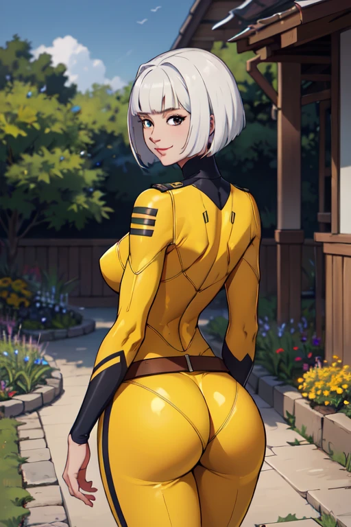 (masterpiece, best quality, absurdres, 4k, aesthetic, detailed, intricate),outside,garden,1girl,big booty,looking at viewer, yellow yamatosuit, belt,slight smile,bob cut,blunt bangs,white hair  