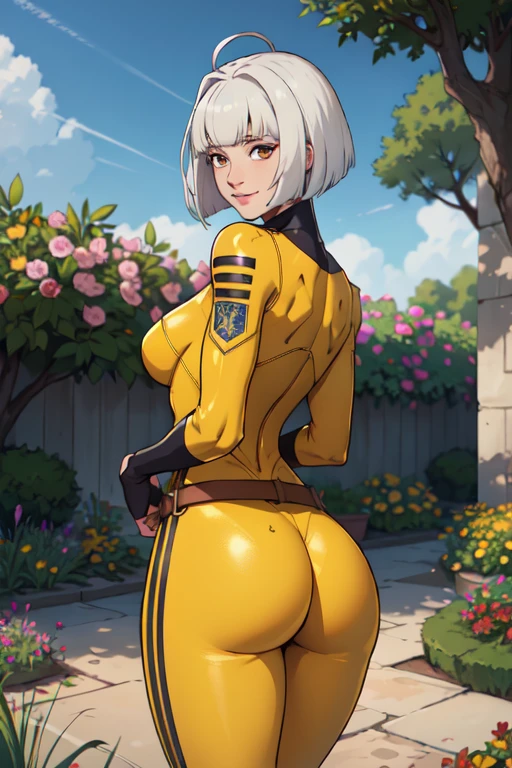 (masterpiece, best quality, absurdres, 4k, aesthetic, detailed, intricate),outside,garden,1girl,big booty,looking at viewer, yellow yamatosuit, belt,slight smile,bob cut,blunt bangs,white hair  