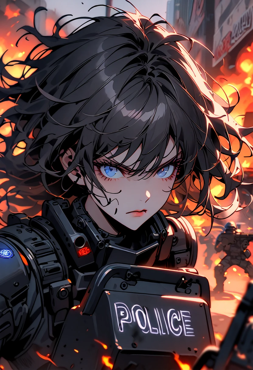 female, cyborg, police, water cannon truck, serious, bulky black riot armor, close up, riot, short black hair, blue eyes, stern, riot shield, riot helmet, police girl, fire in the background, messy hair, resisting attack, parrying attack, neon sign, combat, broad shoulders, 