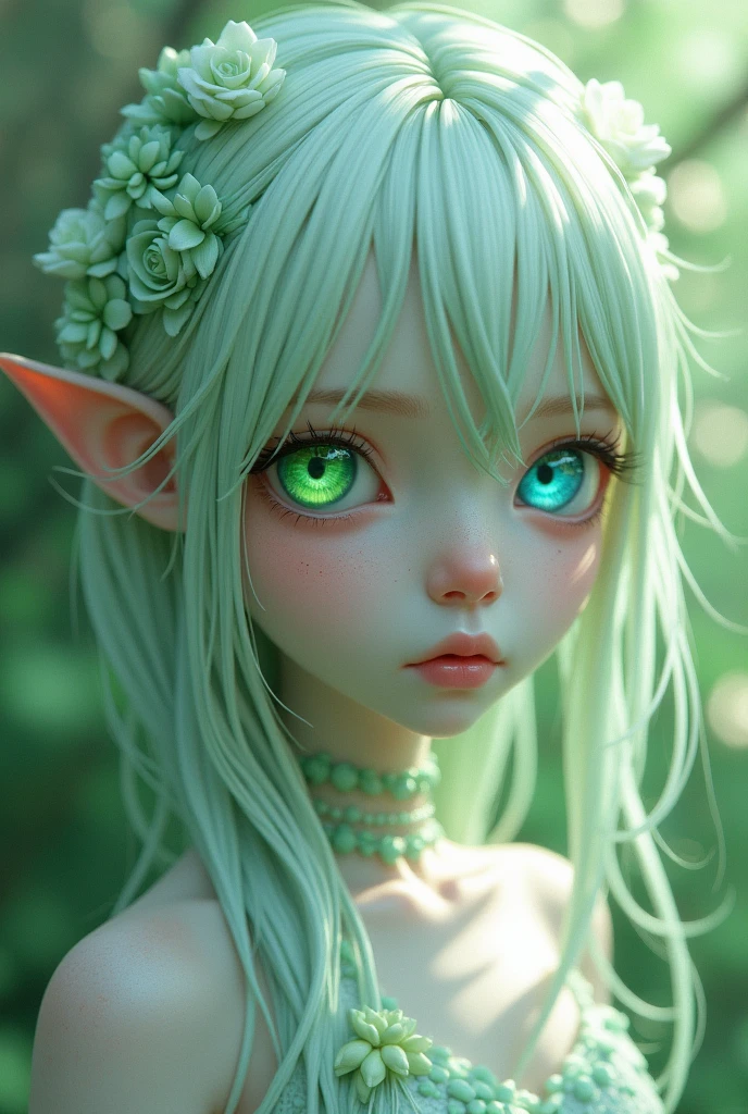 Anime alien girl,naked,huge breast,white short hair covering 1 eye ,pointed mouth,sharpness eyes,pale green skin tone,2 short anten on head,black eyes,pointed smile
