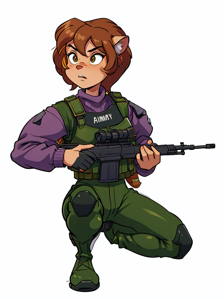  anthro tiger girl brown hair with a host, with a purple sweater, bulletproof vest, camouflage pants, army boots  
holding a rifle, female fursona, furaffinity commission, of a mercenary girl in war, valkyrie style 