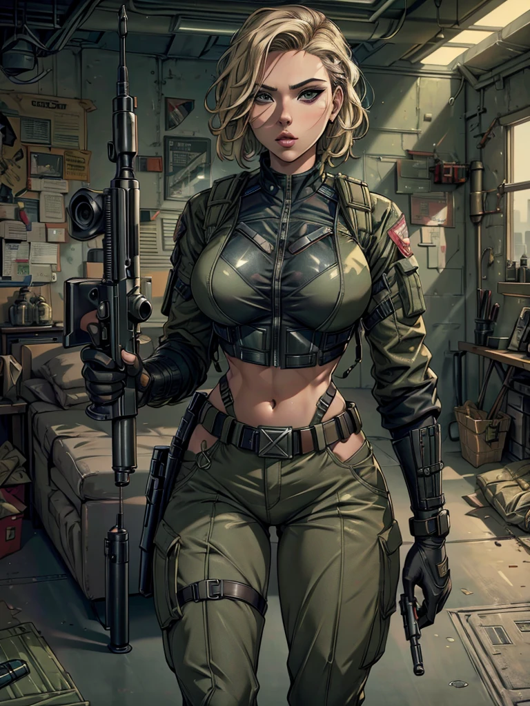 Beautiful woman in camouflage uniform with and rifle, beautiful female soldier, cleposed,Large big tits,miirl, mechanized soldier girl, Bikini + tattered military gear, with rifle, quiet from metal gear solid, army girl outfit, realistic military gear, military attire --auto