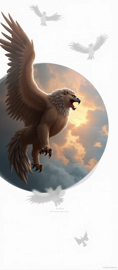 a griffin flying through the white clouds, partial body is covered by clouds, surrounded by fluffy clouds, opened beak, extending its lion like claws as if trying to reach for something, sunlight shining bright, low angle camera, well defined detail, sharp color, high definition
