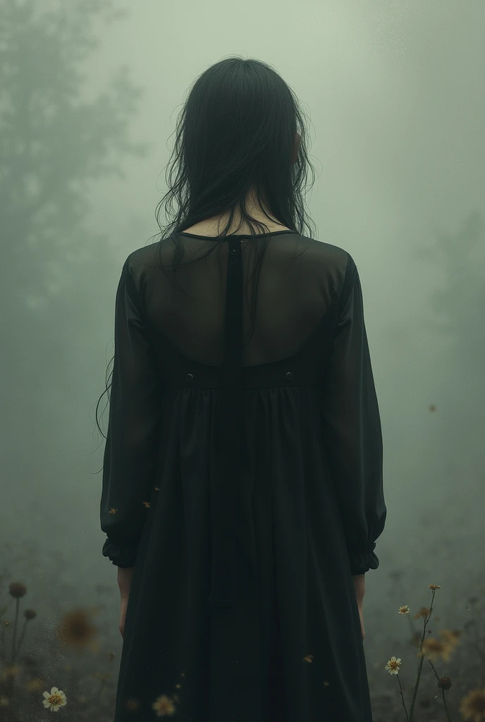 Alone women face full of sadness and crying . long hair Waring black dress