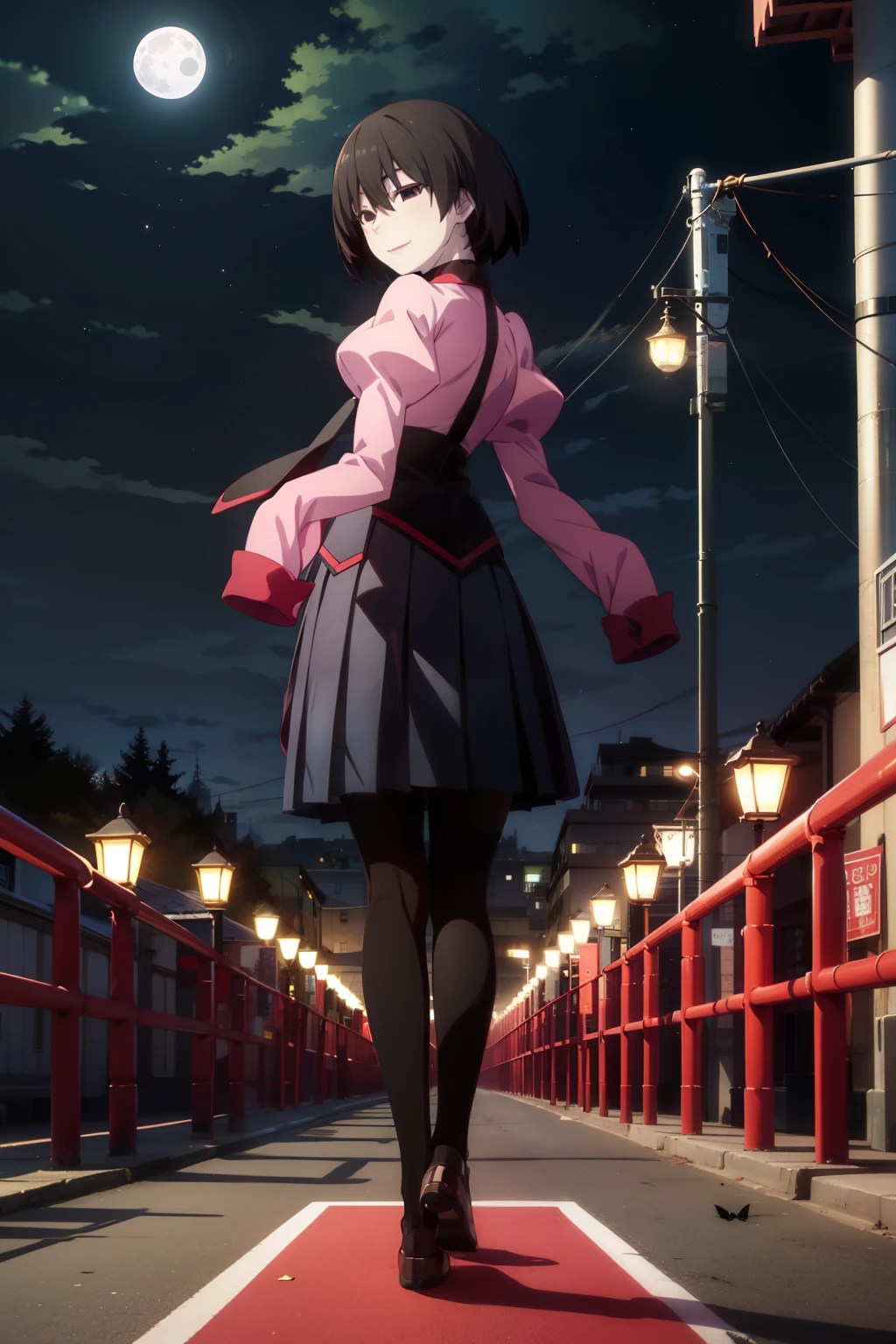 ((Fantastic landscape、night、Walking across a giant Othello game board:1.5、Several black swallowtail butterflies、Looking back、Glowing Black Moon)),ougioshino, 1girl, Alone, looking at viewer, smile, short hair, bangs, black hair, hair between eyes, black eyes, bob cut, pale skin, Oshino Ougi, empty eyes, skirt, long sleeves, school uniform, pantyhose, pleated skirt, necktie, shoes, puffy sleeves, black skirt, sleeves past wrists, black pantyhose, turtleneck, bob cut, juliet sleeves, black necktie, sleeves past fingers, pink shirt, naoetsu high school uniform, black undershirt,