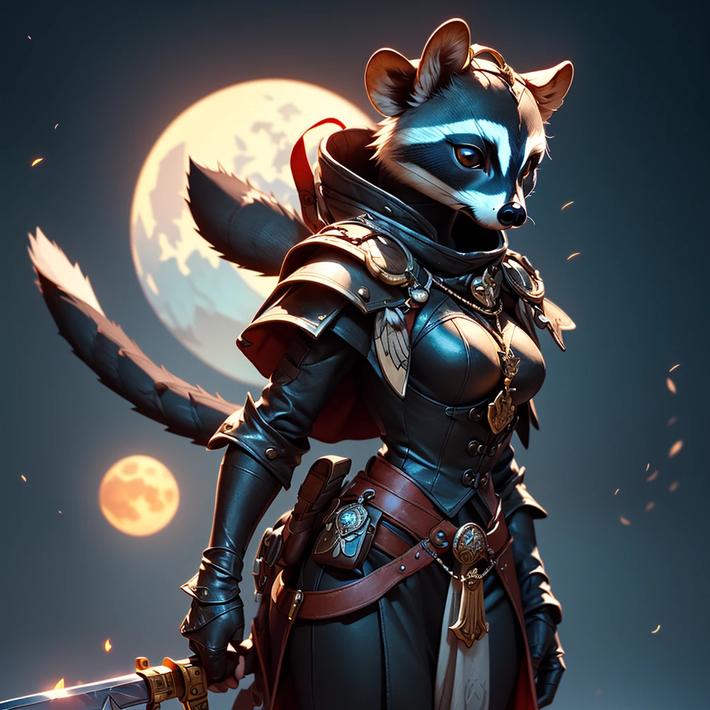 Wide-angle panorama, (Cute image standing all over the body:1.5), (raccoon-like furry body and raccoon’s paws:1.5), (A plump chest), ( anime styled 3d:1.5), Metal armor skirt, Metal armor underwear, (Hairy limbs:1.45), (Very long, Fluffy raccoon tail:1.45), (Extremely detailed CG Unity 16k wallpaper:1.3), Dynamic Angle, the golden ratio, (tmasterpiece:1.37), (Detailed:1.15), Cinematic light, Side lighting, hdr, Perfect iris, (applause), Lifelike texture, （realisticlying：1.37）, (ssmile:1.1), Ray tracing, hyper HD, (Best quality:1.13) full body, diorama、battle ground background、full moon, masterpiece, Best Quality, Capture super cute moments, depth of fields, A female raccoon in medieval armor from the 1200s, custom armor, holding sword, night, medieval castle, stone floor, sword held up, very detailed, masterpiece, ultra resolution, perfect quality ,vivid colors,fiery eyes,determined expression,confident pose,strong shadows,noble stance,majestic,heroic,vibrant,stylized detail,legendary presence,dark atmosphere,surreal,mythical,adventurous spirit