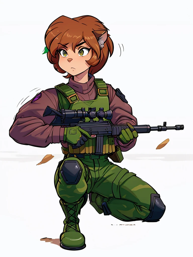  anthro tiger girl brown hair with a host, with a purple sweater, bulletproof vest, camouflage pants, army boots  
holding a rifle, female fursona, furaffinity commission, of a mercenary girl in war, valkyrie style 