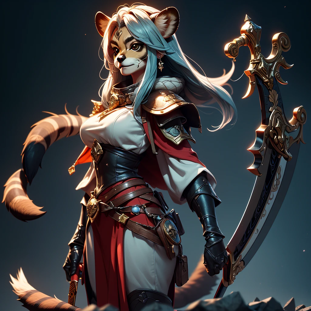 Wide-angle panorama, (Cute image standing all over the body:1.5), (raccoon-like furry body and raccoon’s paws:1.5), (A plump chest), ( anime styled 3d:1.5), Metal armor skirt, Metal armor underwear, (Hairy limbs:1.45), (Very long, Fluffy raccoon tail:1.45), (Extremely detailed CG Unity 16k wallpaper:1.3), Dynamic Angle, the golden ratio, (tmasterpiece:1.37), (Detailed:1.15), Cinematic light, Side lighting, hdr, Perfect iris, (applause), Lifelike texture, （realisticlying：1.37）, (ssmile:1.1), Ray tracing, hyper HD, (Best quality:1.13) full body, diorama、battle ground background、full moon, masterpiece, Best Quality, Capture super cute moments, depth of fields, A female raccoon in medieval armor from the 1200s, custom armor, holding sword, night, medieval castle, stone floor, sword held up, very detailed, masterpiece, ultra resolution, perfect quality ,vivid colors,fiery eyes,determined expression,confident pose,strong shadows,noble stance,majestic,heroic,vibrant,stylized detail,legendary presence,dark atmosphere,surreal,mythical,adventurous spirit