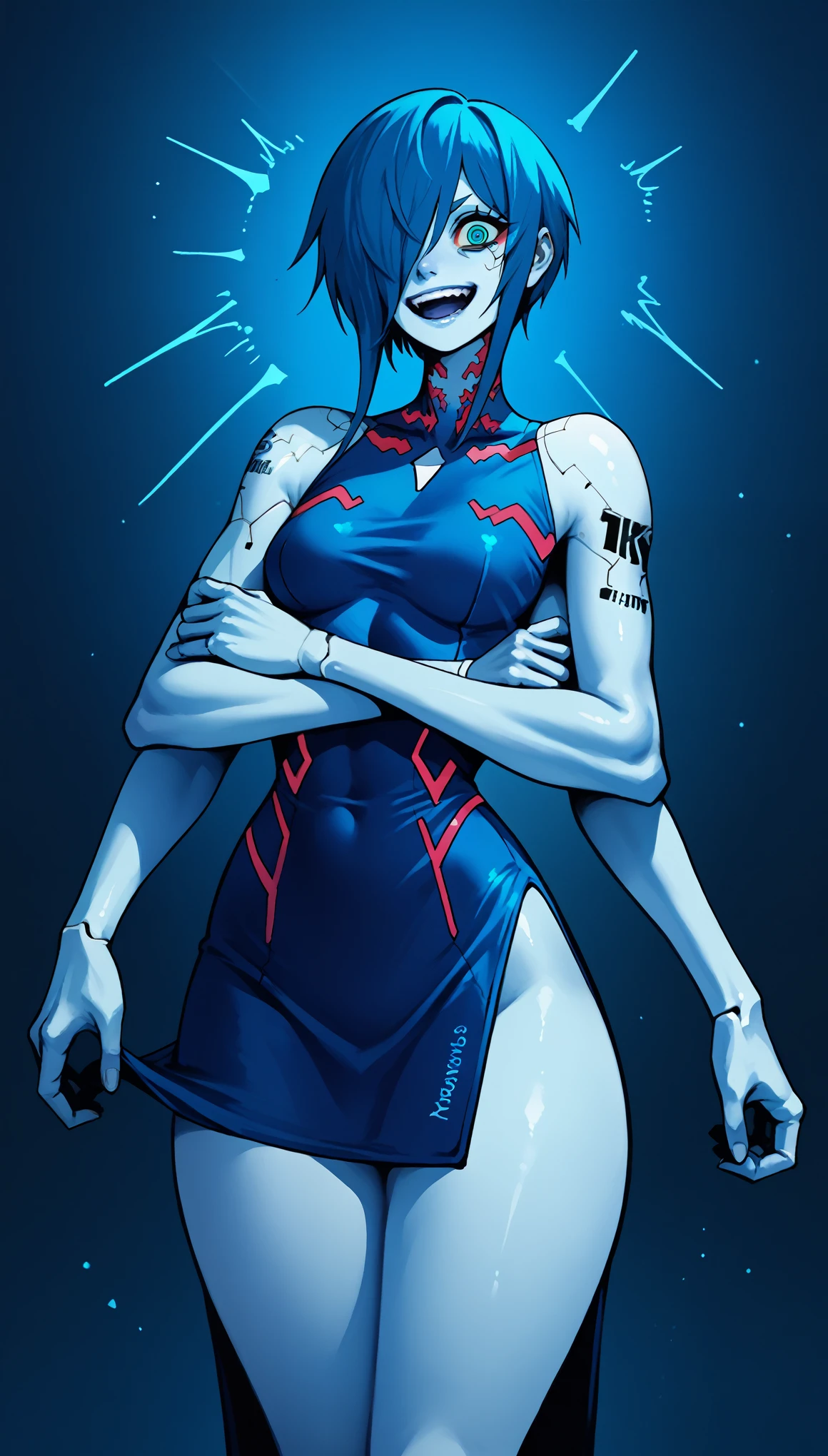 1girll, 独奏, standing on your feet, hair adornments, Blue eyes,, mechanicalparts, electrical wires, electric cables, Failure effect, terroral, sci-fy, A futuristic, background inside dark, neonlight, cyber punk perssonage, hyper realisitc, eerie, unnerving, spine-chilling, terroral, onesie,Blue eyes,Venom possession,Blackened,Long blue gloves,Jumpsuits,Skinny one-piece latex clothing,Highlight her gorgeous figure,Wrap the whole body,symbiote,((Raised sexy)),onesie,Blue eyes,Venom possession,Blackened,Long blue gloves,Jumpsuits,Black latex clothing,Blue eyes,Best quality, high resolution, Ultra-detailed, Vivid texture, Mask, Skinny one-piece latex clothing, bangs, Blue hair,Wear socks,Blackened,Wrapped in black slime,A sad expression,Say goodbye to the gaze,Red coat,long eyelasher, solid circle eyes, Light smile, Ear blush, Dark blue hair, hair between eye, Short hair,, Mad eyes,, Crazy smile, Sad smile, Evil smile, crazy, jitome, shaded, Yandere, chin grab, disdain, Evil, Crazy smile, Colored inner hair, Blue hair, Dark blue hair, surrealism, shadowing, anaglyph, stereograms, tachi-e, angle of view, Atmospheric perspective, Chiaroscuro, Cinematic lighting, 8K, Super detail, ccurate, Best quality, hyper HD, retinas, Masterpiece, Textured skin, Award-Awarded, A high resolution, Best quality, Super detail, best qualtiy, 8K, digitial painting,Red coat,Anime girl in red cape