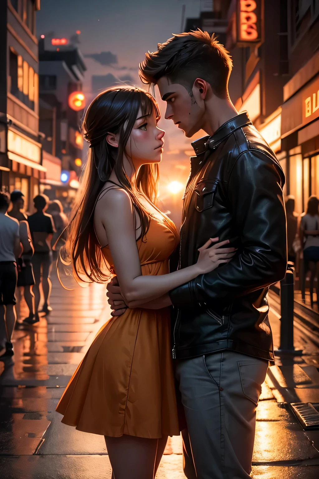 A young boy and A young lady, across each other, looking turn to each other, detailed, street background, lights,4k,