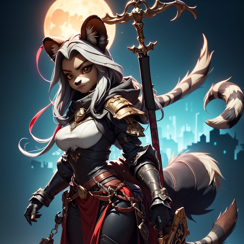 Wide-angle panorama, (Cute image standing all over the body:1.5), (raccoon-like furry body and raccoon’s paws:1.5), (A plump chest), ( anime styled 3d:1.5), Metal armor skirt, Metal armor underwear, (Hairy limbs:1.45), (Very long, Fluffy raccoon tail:1.45), (Extremely detailed CG Unity 16k wallpaper:1.3), Dynamic Angle, the golden ratio, (tmasterpiece:1.37), (Detailed:1.15), Cinematic light, Side lighting, hdr, Perfect iris, (applause), Lifelike texture, （realisticlying：1.37）, (ssmile:1.1), Ray tracing, hyper HD, (Best quality:1.13) full body, diorama、battle ground background、full moon, masterpiece, Best Quality, Capture super cute moments, depth of fields, A female raccoon in medieval armor from the 1200s, custom armor, holding sword, night, medieval castle, stone floor, sword held up, very detailed, masterpiece, ultra resolution, perfect quality ,vivid colors,fiery eyes,determined expression,confident pose,strong shadows,noble stance,majestic,heroic,vibrant,stylized detail,legendary presence,dark atmosphere,surreal,mythical,adventurous spirit