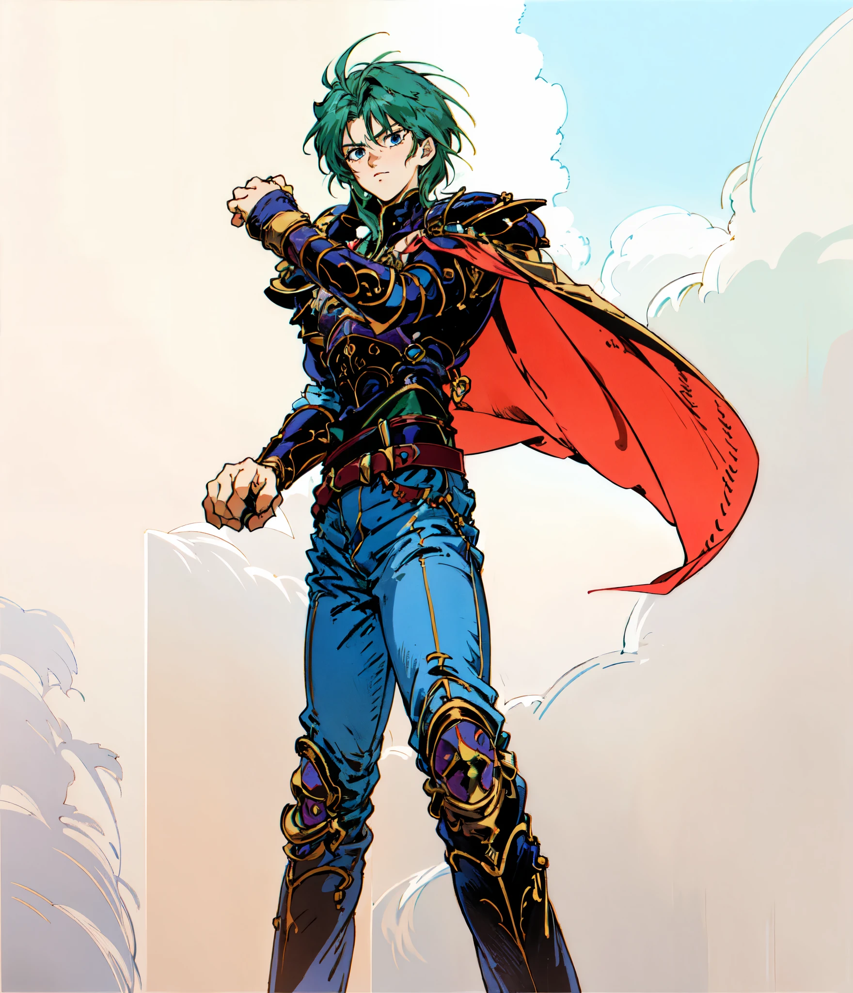 (masterpiece:1.2, best quality:1.2, extremely delicate:1.2), ((male:1.5)), a young man with slicked-back dark green short hair, side-parted bangs covering one eye, a deep gaze, round face bears three striped tattoos, melancholic expression, a tall and sturdy build, a fantasy-realism style adventurer outfit, primarily Blue with White and Red accents, a half-length shoulder cape, leather chest armor, gloves, a multifunctional belt, his left hand clenched into a raised fist, a denim pants, set against the backdrop of an endless unknown world, this character embodies a finely crafted fantasy-realism style adventurer in anime style, exquisite and mature manga art style, dramatic, high definition, highres, ultra-detailed, ultra-fine painting, professional, perfect body proportions, golden ratio, anatomically correct, symmetrical face, extremely detailed eyes and face, high quality eyes, creativity, RAW photo, UHD, 32k, Natural light, cinematic lighting, (masterpiece-anatomy-perfect:1.2)